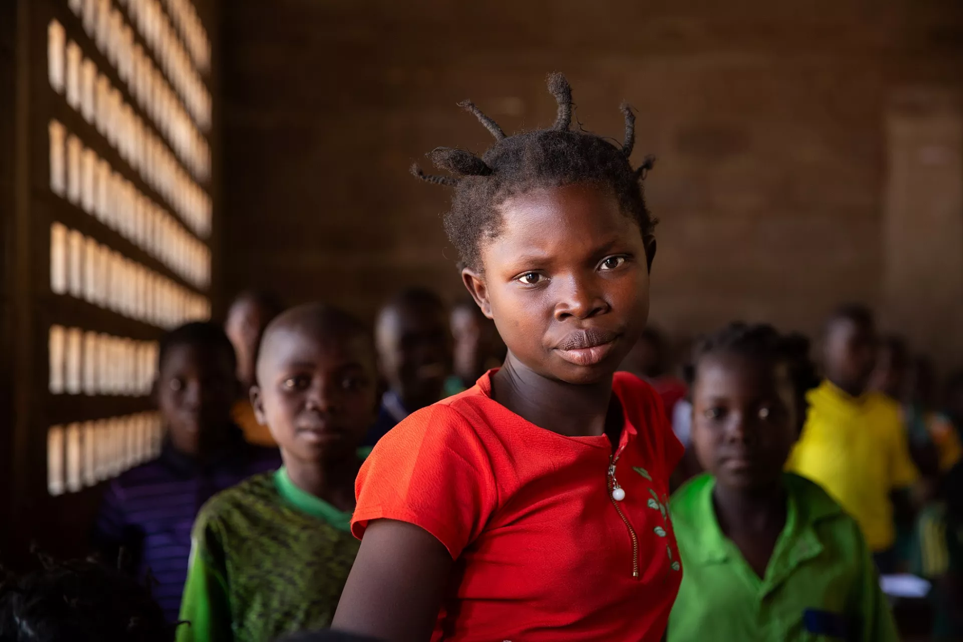 Central African Republic. Children in a classroom toward the camera.