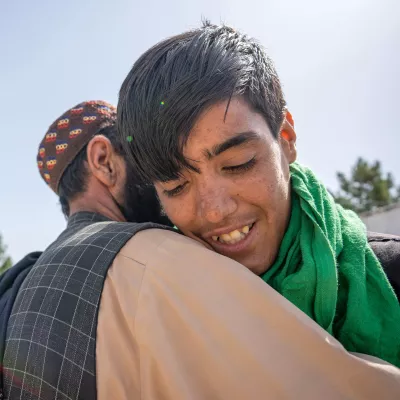 On 16th June 2022, Fazel embraces - and is reunited with - his 14 year old son, Hidayat*, at the UNICEF and EU-supported Gazargah Transit Centre in Herat, Afghanistan.  