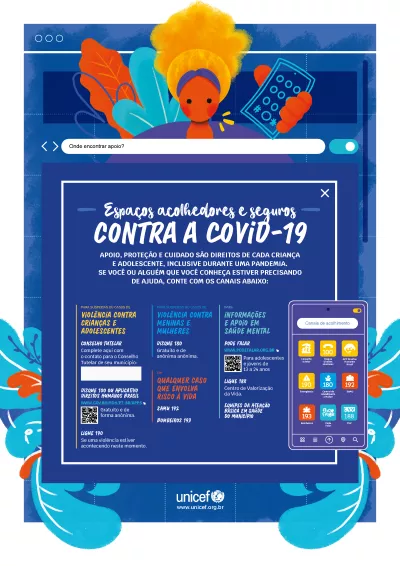 Cartaz sobre espaços acolhedores e seguros contra a covid-19, com informações sobre onde buscar ajuda