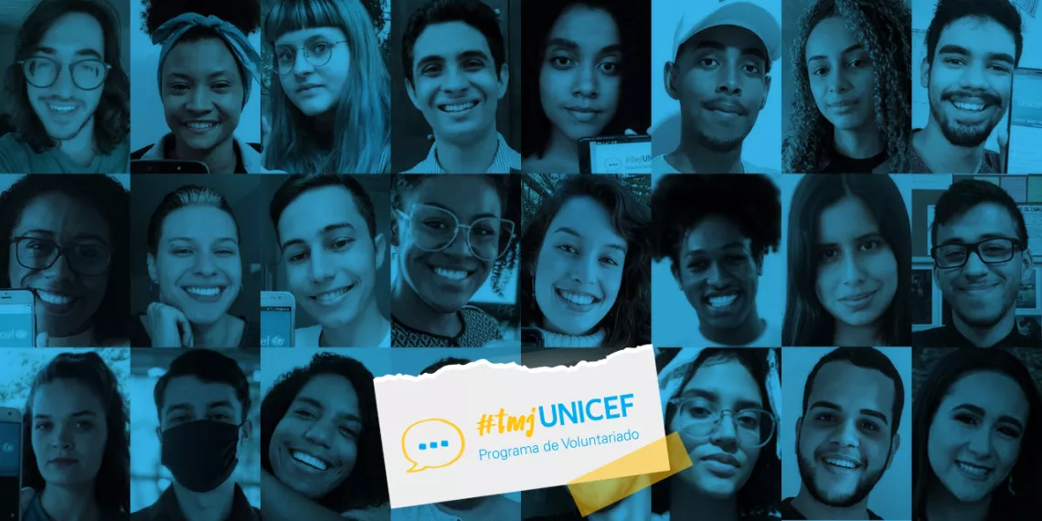 Mosaico de rostos de adolescentes e jovens participantes do programa de voluntariado do UNICEF Brasil: #tmjUNICEF