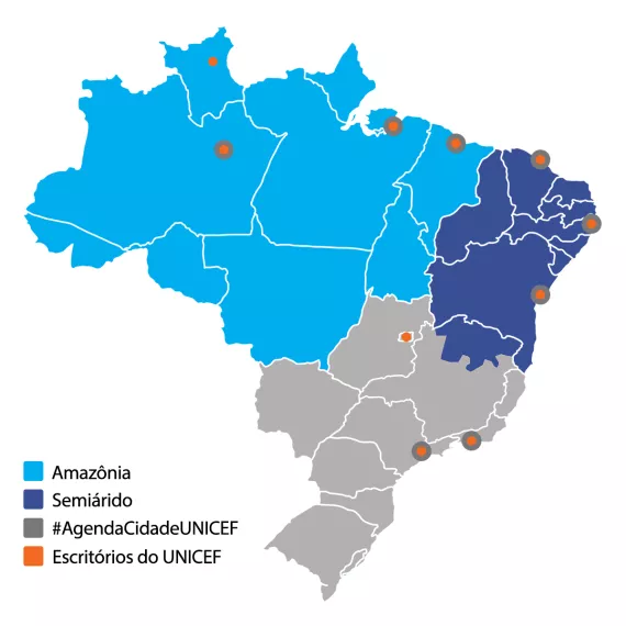 Mapa do Brasil com os territórios prioritários do UNICEF e as cidades onde estão os escritórios