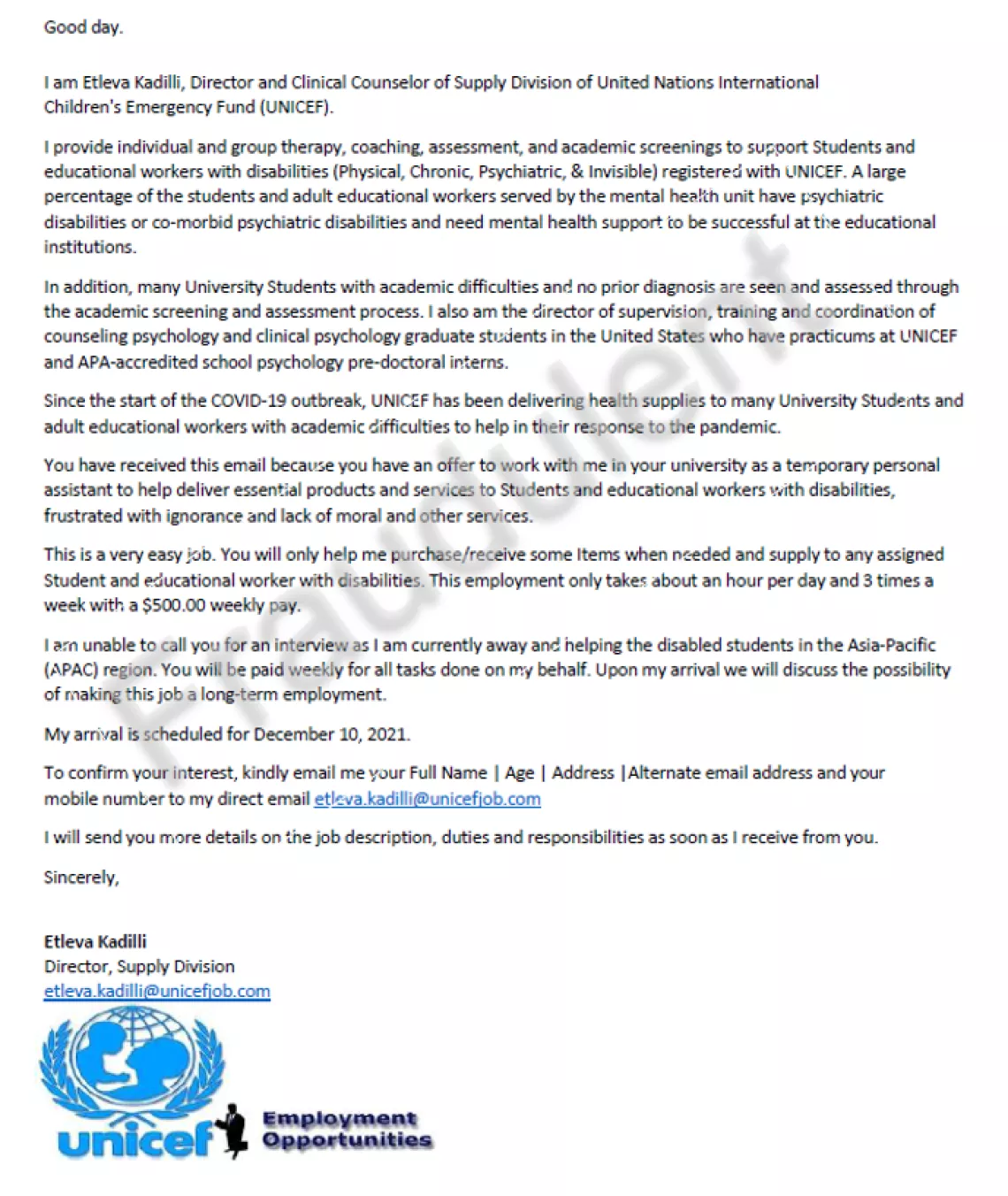 This is a screenshot of a recruitment scam concerning UNICEF