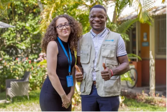 Jonathan Mutombo, a United Nations Community Volunteer from the second cohort of the Young Champions programme, was welcomed on his first day of work by Lisa Taieb, Adolescent and Youth Specialist in UNICEF in the Democratic Republic of Congo.