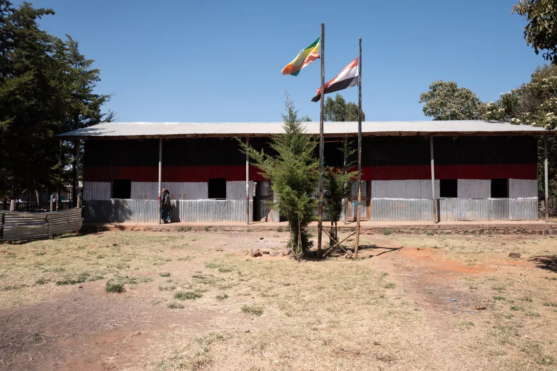 A school compound, class rooms and flag masts  