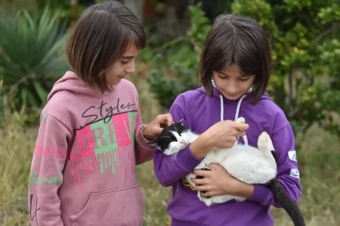 8-year old twins Ani and Mari playing with their cat