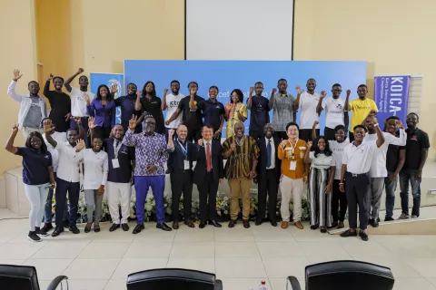 A group photo of the startup lab finalist and reps from UNICEF, KOICA, MEST Africa and other stakeholders.