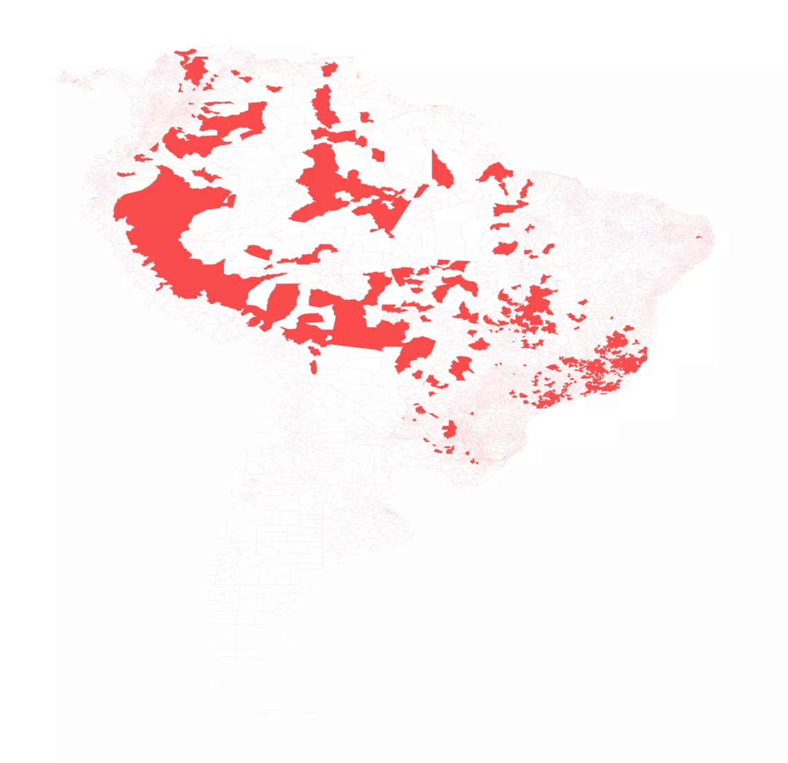 Reported cases of yellow fever in the Americas. Counties in red have recorded at least one case between 2000 and 2018.