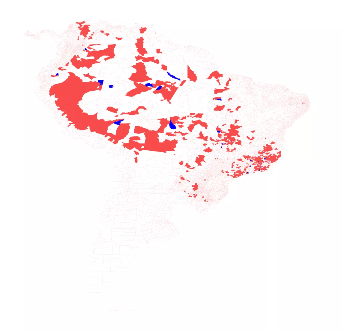 Predicted cases: counties where the algorithm correctly predicted yellow fever cases are colored in red, and counties where the algorithm incorrectly predicted cases are shown in blue.