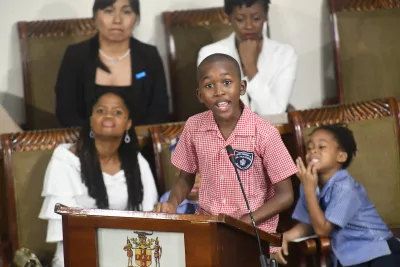 Photograph of Keino King, aged 10, who was among a group of children who became the first in Jamaican history to address a sitting of Parliament, on November 19, 2019, the day before World Children’s Day.