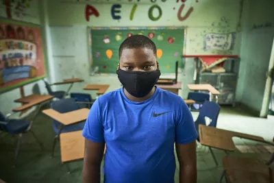 A student on an empty classroom in Panama City, Panama, on 16 Sept 2020