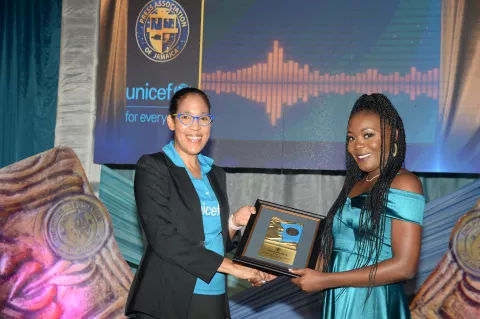 Irie FM reporter Myesha Broadie, winner of the 2022 UNICEF Award for Excellence in Reporting on Children’s Rights