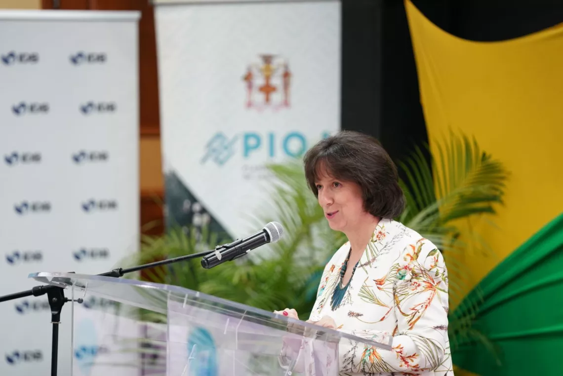 Olga Isaza, Representative, UNICEF Jamaica speaking at a podium.