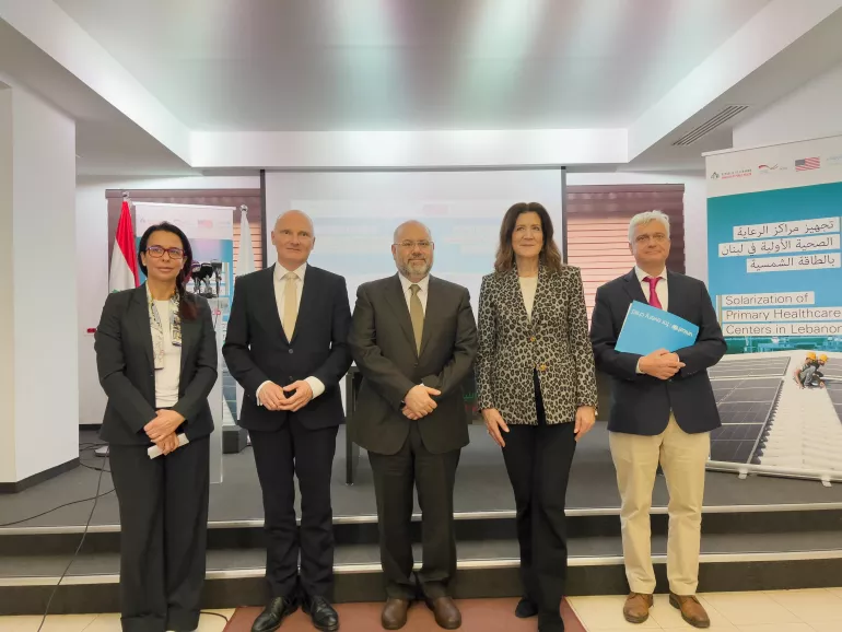 From right to left, Edouard Beigbeder UNICEF representative in Lebanon, Ms. Dorothy C. Shea USA ambassador to Lebanon, Dr. Firas Abyad Minister of Public Health in Lebanon and Mr. Andreas Kindl German ambassador to lebanon