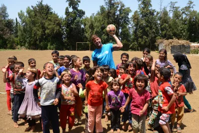 On 1 June 2016, UNICEF goodwill ambassador Ricky Martin plays football with Syrian refugee children at Al-Hissa informal refugee settlement in northern Lebanon.