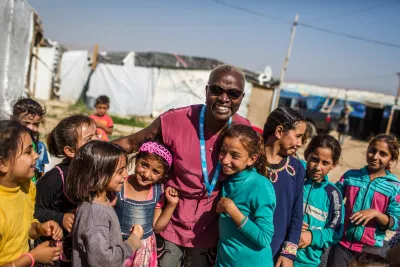 On 15 July 2017 in Lebanon, UNICEF Goodwill Ambassador Angelique Kidjo engages with children in the Housh el Refka informal settlement, Bekaa Valley.