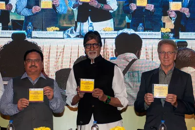 J.P. Nadda, Union Minister of Health and Family Welfare India; Amitabh Bachchan, Indian actor; Mr. Louis Georges Arsenault, UNICEF representative of India; at the launch of media campaign on Hepatitis-B in Mumbai, India, 2016.