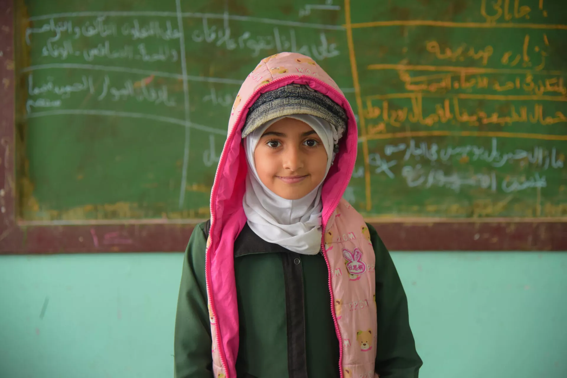 Muna Ali bin Ali, a student at Al-Zahra’a school in the classroom in Yemen in September 2021