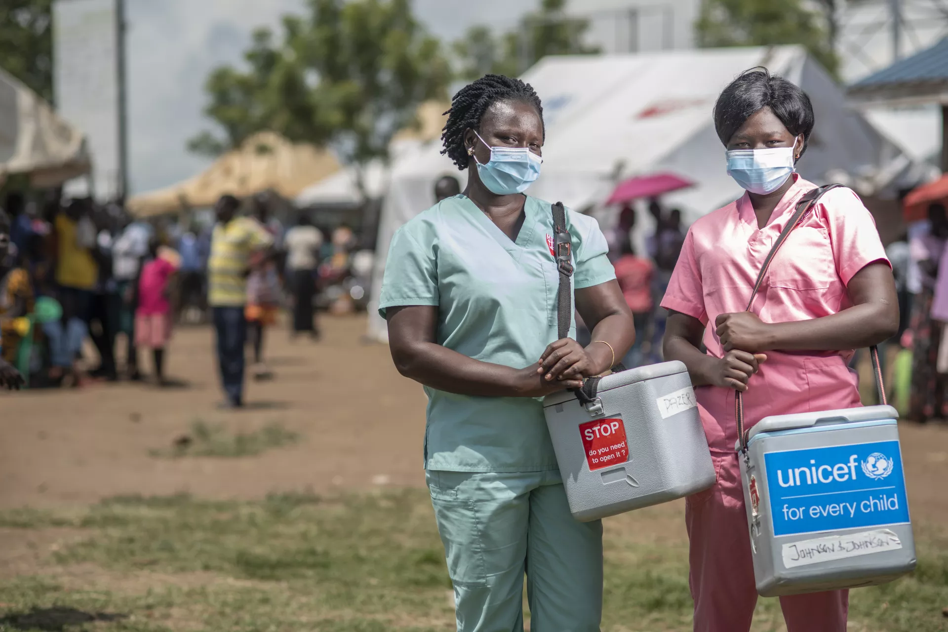 Uganda. Health workers arrive at a refugee settlement to launch another round of COVID-19 vaccinations.