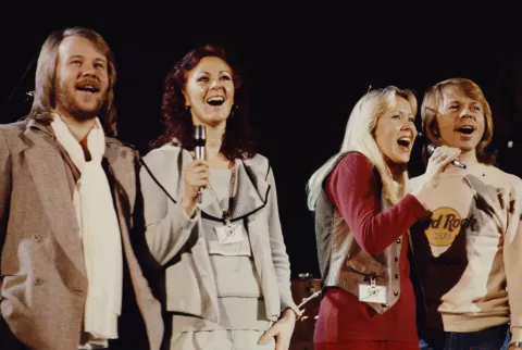 Swedish pop group ABBA performing at 'The Music for UNICEF Concert'. Left to right: Benny Andersson, Anni-Frid Lyngstad (Frida), Agnetha Fältskog and Björn Ulvaeus.