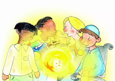 Cover image of storybook showing children crowded around a light