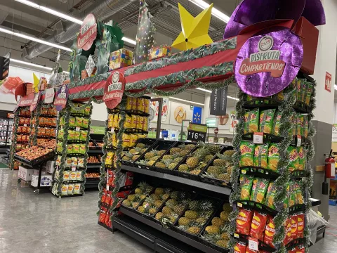 Fruits and savouries on display inside a food supermarket