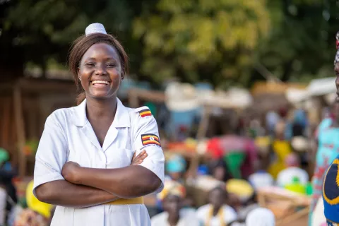 Judith Candiru, an Assistant Nursing Officer in Uganda's Yumbe District, poses for a photo.