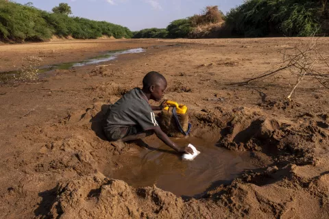一个小男孩从一条因严重干旱而干涸的河里尽可能地收集少量的水。