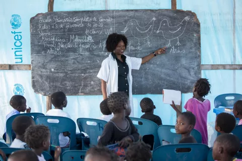 Mozambique. A teacher hosts a lesson at a UNICEF-supported school.