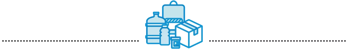 Icon of a water bottle, box, a backpack, and medication