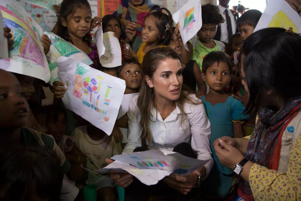 On 23 October 2017, UNICEF Eminent Advocate for Children Her Majesty Queen Rania Al Abdullah of Jordan visits the Projapati Unicef learning centre in Kutupalong refugee camp in Ukhia, Cox’s Bazar district, Bangladesh. 