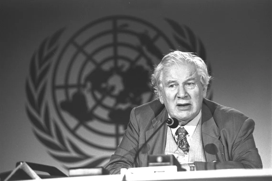 UNICEF Goodwill Ambassador Sir Peter Ustinov responds to a question at a 9 March press conference at the Bella Center site of the World Summit for Social Development in Copenhagen, Denmark.