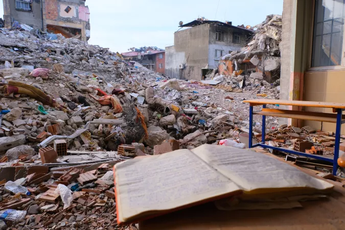 A destroyed school in Antakya, Hatay Province, Türkiye, photographed on 5 March 2023.