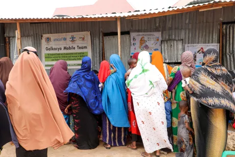 Women waiting in line to have children screened for malnutrition.