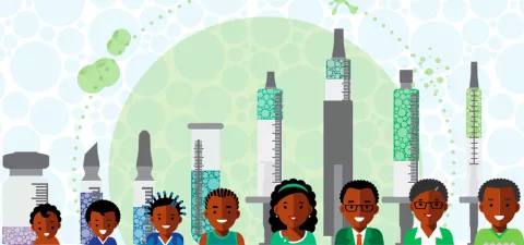 graphic of smiling faces of children with vaccines in the background