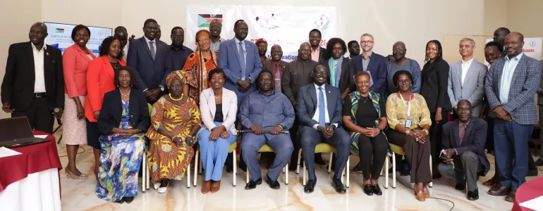 The Vice President and Chair of the Service Cluster H.E Hussein Abdelbagi Akol accompanied by Honourable Yolanda Awel Deng, the Minister of Health and other top officials from the Ministry of Health, the South Sudan AIDS Commission, the Country Coordinating Mechanism CCM, UNDP, UNICEF, WHO during the grant launch.