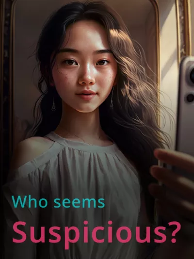 A digital illustration of a person taking a selfie in front of a mirror. The person is wearing a light-colored off-the-shoulder top. The background features a room with a window and a gold-framed mirror. At the bottom of the image, the text "Who seems Suspicious?" is written in pink.