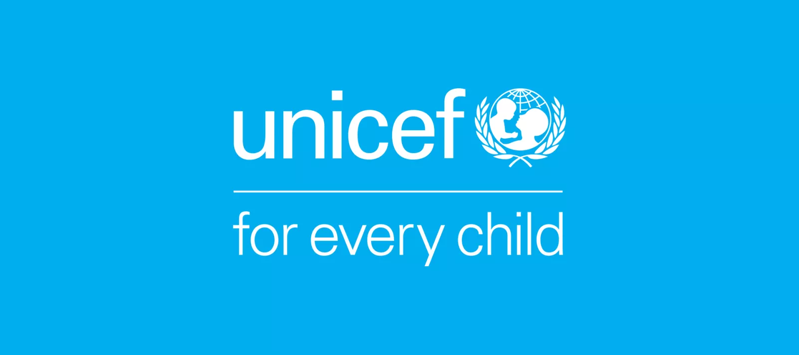 White UNICEF logo on a cyan background