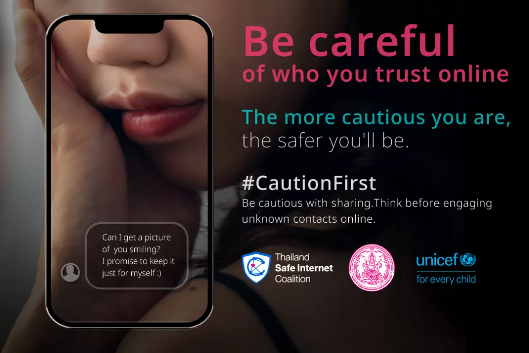 A graphic promoting internet safety. It features a phone screen in the center displaying a text message that reads, "Can I get a picture of you smiling? Just for myself :)". The phone screen is set against a blurred background of a person's face. On the right side of the image, there is a cautionary message that reads, "Be careful of who you trust online. The more cautious you are, the safer you'll be. #CautionFirst Think twice before sending or sharing photos, videos or accepting friend request online.".