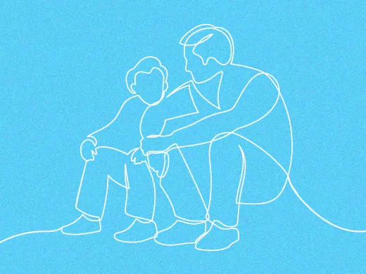 A minimalist line drawing of two people, one adult and one young people, engaged in a conversation. The line drawing is white and the background is cyan blue.