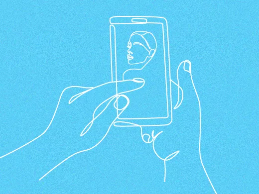 An illustration of two hands, outlined in white, holding a smartphone against a solid blue background. The smartphone screen displays a photo of a person. The positioning of the hands suggests the person is touching the photo displayed on a smartphone.