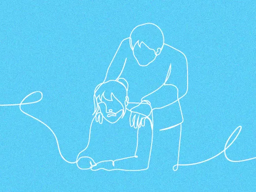 A white line drawing of two people on a cyan blue background. One person is putting both hands on the shoulder of the other who is seated.