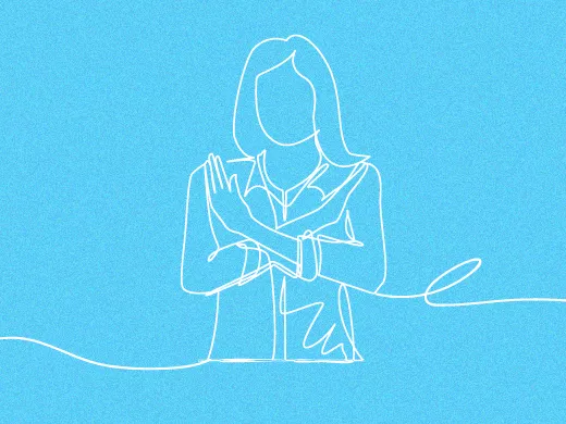 A line drawing of a girl with long hair and arms making a crossed sign, giving a feeling of refusal. The person is depicted in white lines against a blue background.