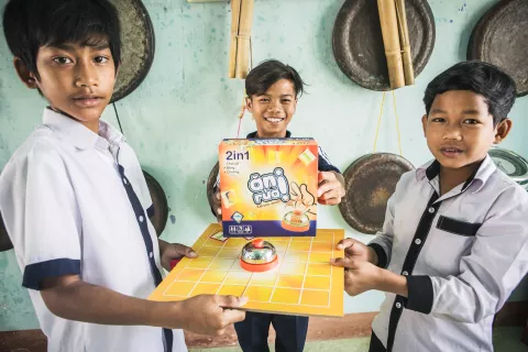 For Nhang (pictured left) and his classmates from Pi Nang Tac ethnic minority boarding school in Ninh Thuan province, playing UNICEF’s innovative “Cool Down the Earth” and “Eat - Poo - Wash” board games are the highlight of their school day. The games, while fun and engaging, also build their knowledge and curiosity to better understand climate change and reinforce attitudes towards hand washing with soap and general sanitation practices. 
