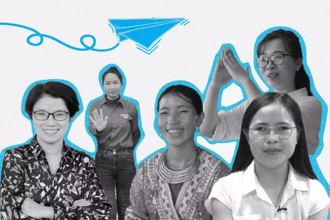 Five women and a paper plane