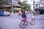 Trẻ em gái dắt xe đạp đi trên đường