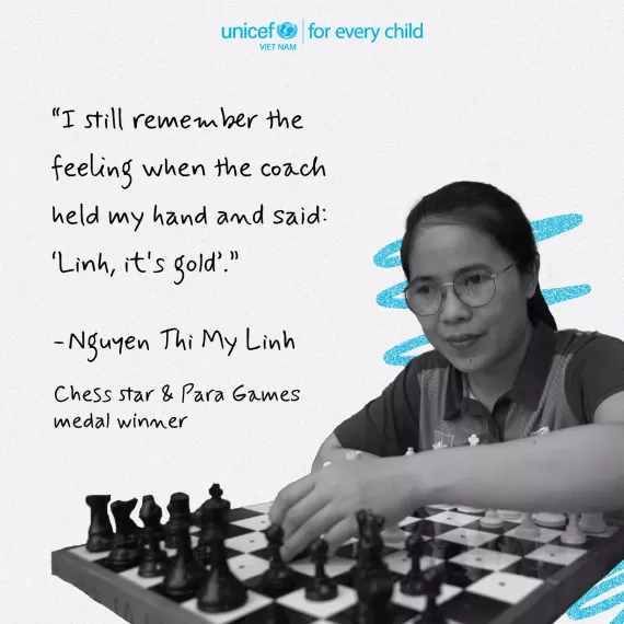 Photo of Ms Nguyen Thi My Linh and the quote: "I still remember the feeling when the coach held my hand and said: ‘Linh, it's gold’. "