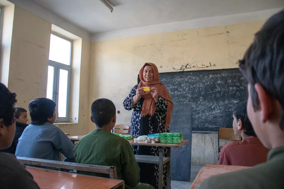 Teachers in UNICEF-supported schools are trained to provide hygiene education, to help children get the most out of their new water, sanitation and hygiene facilities.