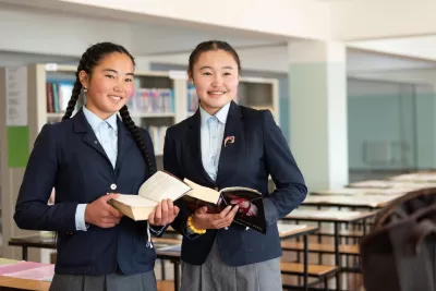 Adolescent girls in a library, in Bayan-Uul, Gobi-Altai province, Mongolia