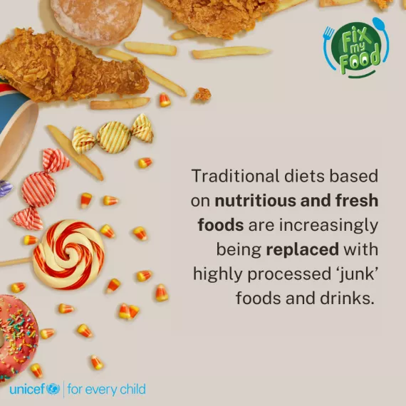 Campaign social media card with text explaining that active lifestyles and traditional fresh food diets are being replaced by unhealthy food