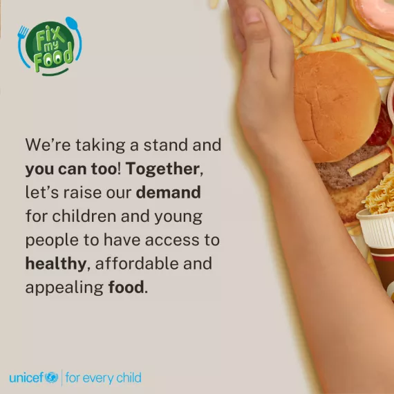 Campaign social media card with text on raising demand for children and young people to have access to healthy, affordable, and healthy food